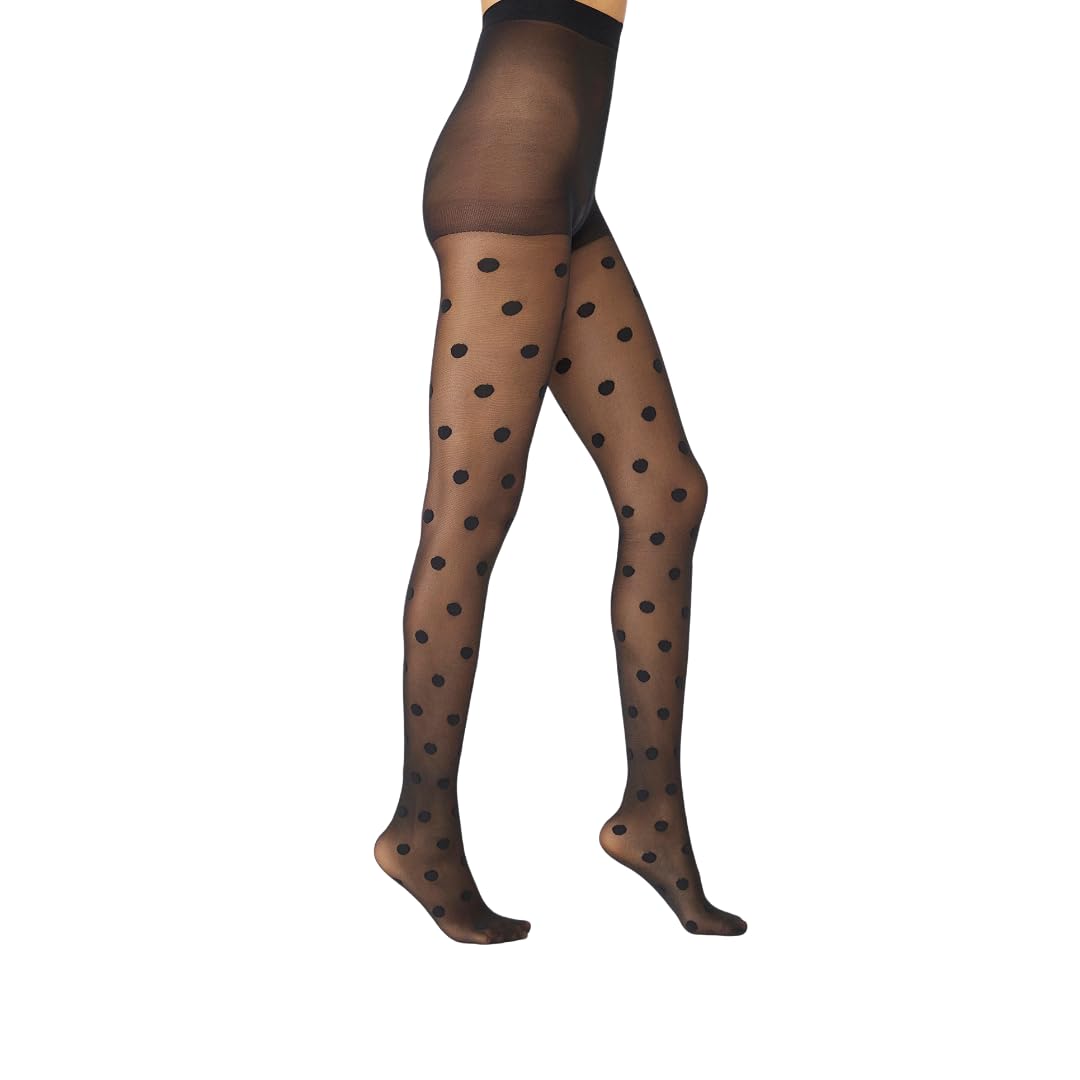 PENTI Big Polka Dot Tights for Women | Black Pattern Pantyhose 30 Denier Sheer High Waist Swiss Dot Pantyhose