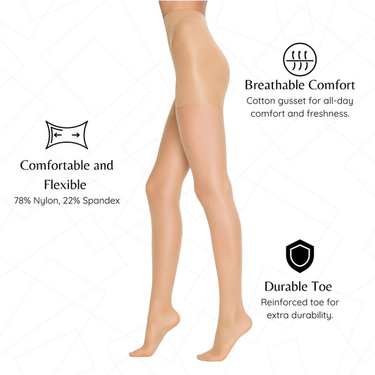 3 Pairs 20 Den Shaper Control Top Pantyhose | High-Waisted Shapewear Tights | Oeko-Tex Certified