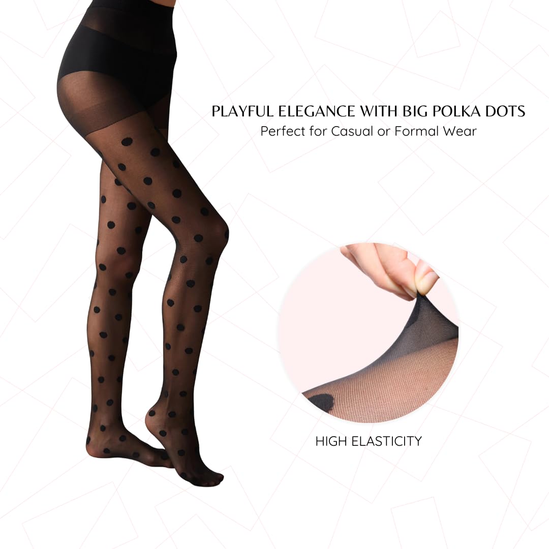 PENTI Big Polka Dot Tights for Women | Black Pattern Pantyhose 30 Denier Sheer High Waist Swiss Dot Pantyhose