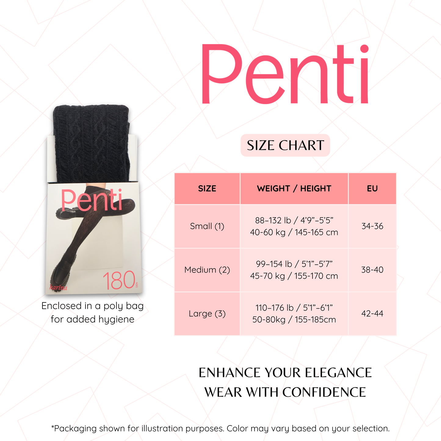 PENTI Karina Women's Knit Patterned Winter Tights | Warm Sweater Tights Cotton-Blend 180 Den | Black, Vanilla, Gray