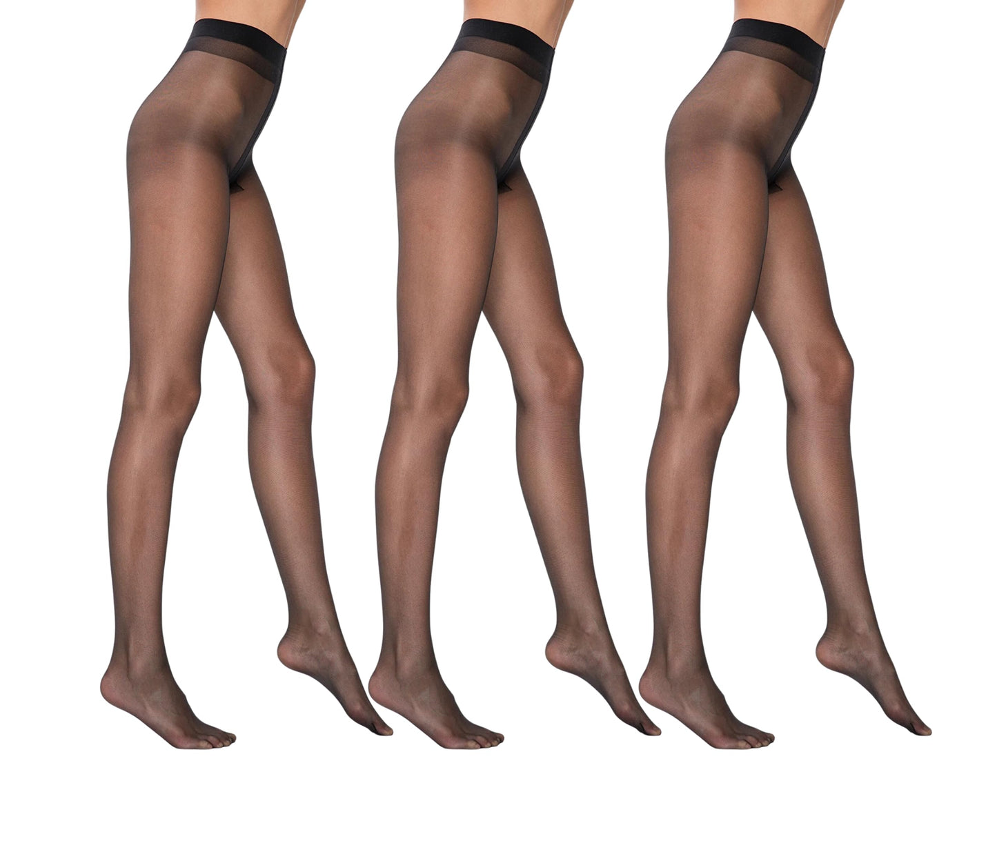 Three pairs of sheer black stockings worn by models on a white background