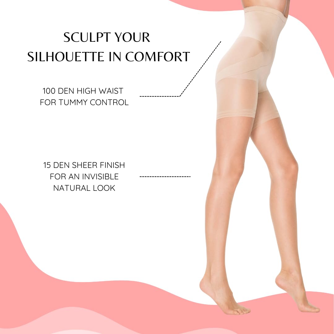 PENTI Control Top Tights | Maximum Tummy Control Pantyhose 100 Den High Waist & 15 Den Sheer | Shaping Sheer Hose