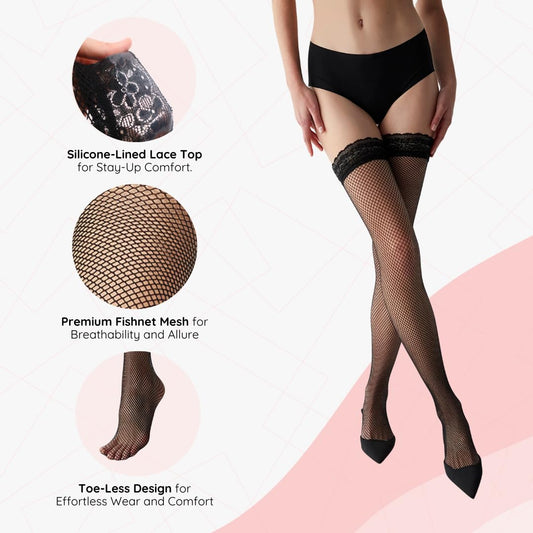 PENTI Fishnet Thigh High Stockings | Black Lace Top Silicone Stay-Up Hosiery | Sexy Fishnet Stockings for Women Lingerie