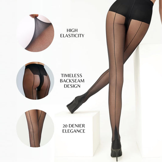 PENTI Black Nostalgia Back Seam Pantyhose | Women's 20 Denier Sheer Tights | Backseam Legwear | Reinforced Toe Hosiery