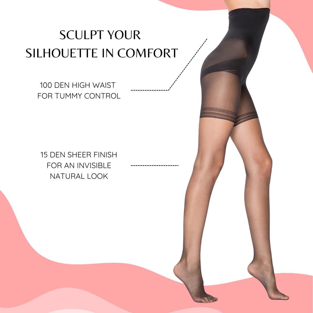 PENTI Control Top Tights | Maximum Tummy Control Pantyhose 100 Den High Waist & 15 Den Sheer | Shaping Sheer Hose
