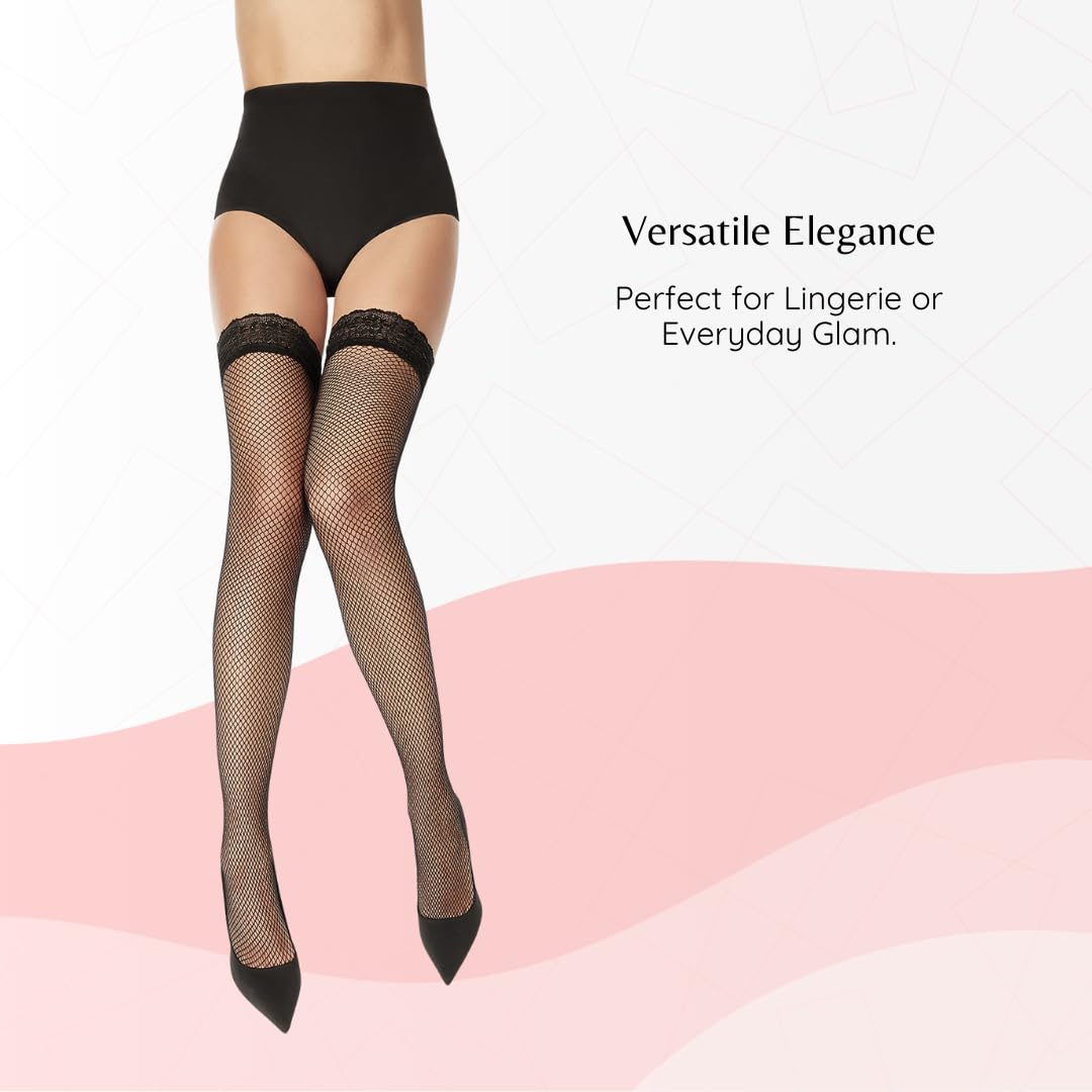 PENTI Fishnet Thigh High Stockings | Black Lace Top Silicone Stay-Up Hosiery | Sexy Fishnet Stockings for Women Lingerie