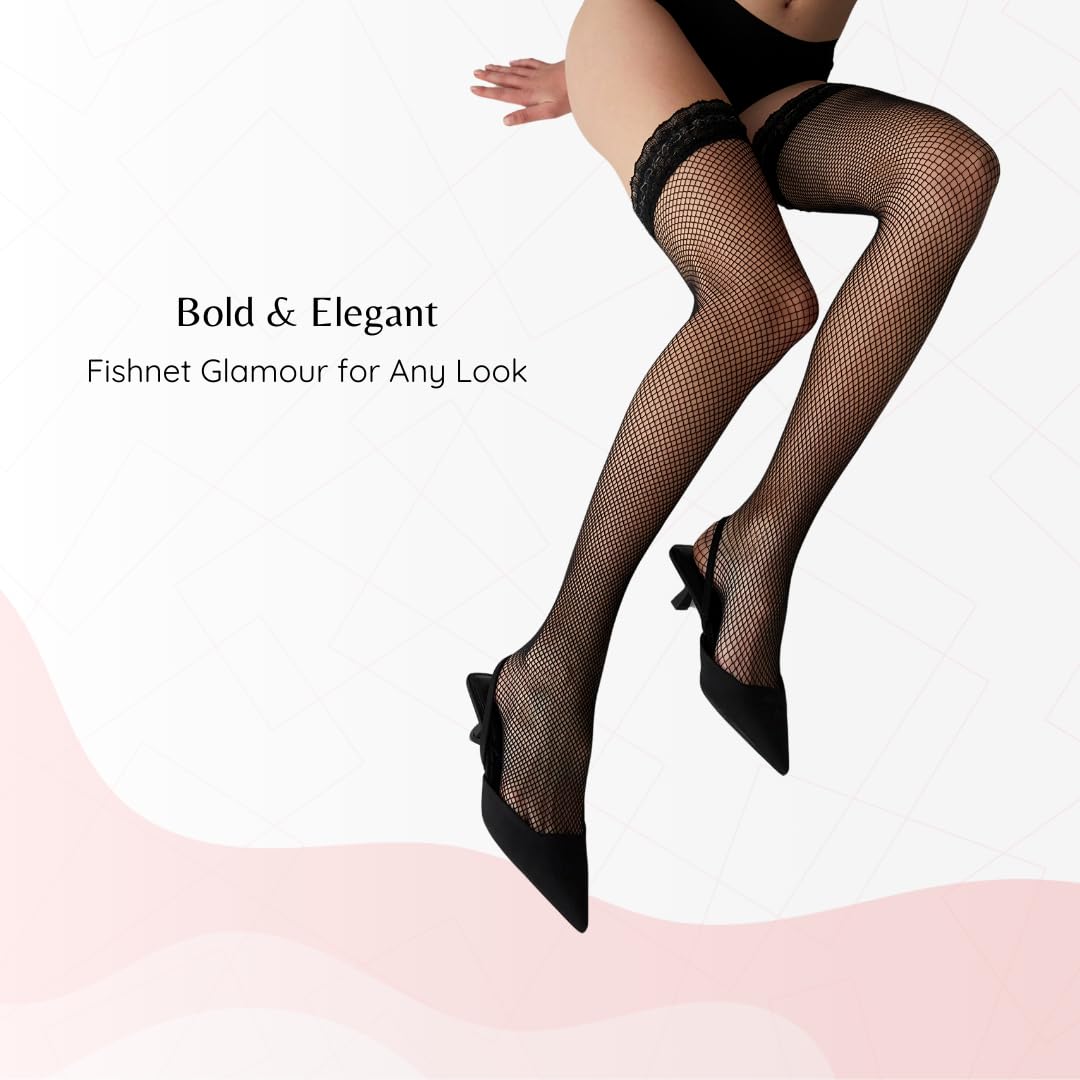 PENTI Fishnet Thigh High Stockings | Black Lace Top Silicone Stay-Up Hosiery | Sexy Fishnet Stockings for Women Lingerie
