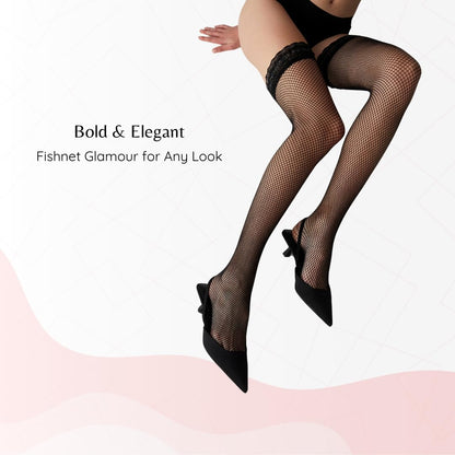 PENTI Fishnet Thigh High Stockings | Black Lace Top Silicone Stay-Up Hosiery | Sexy Fishnet Stockings for Women Lingerie