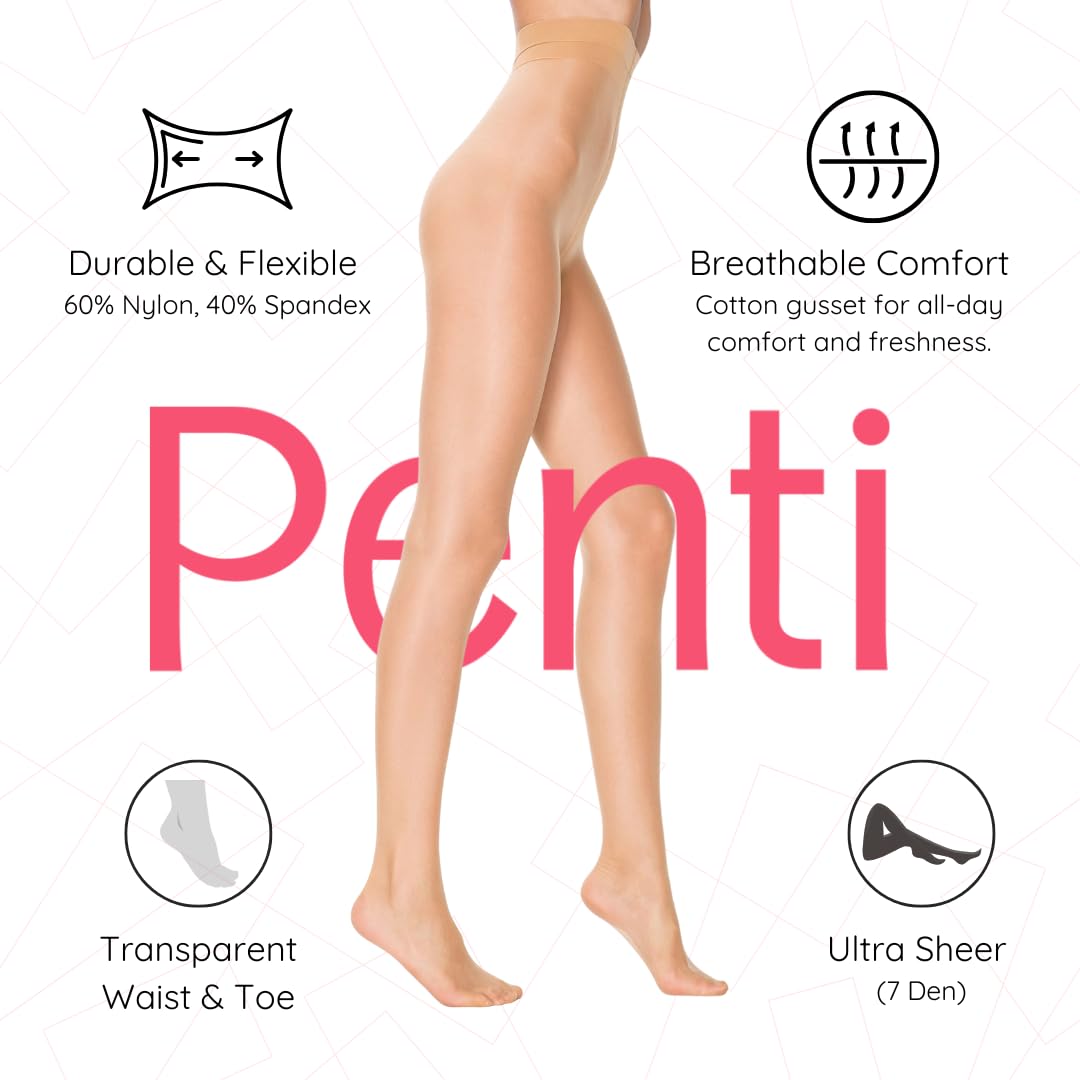 PENTI Stop 7 Run-Resistant Ultra Sheer Pantyhose | Matte 7 Denier Sheer-to-Waist Tights | Anti-Run Invisible Waist