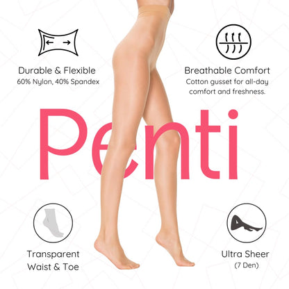 PENTI Stop 7 Run-Resistant Ultra Sheer Pantyhose | Matte 7 Denier Sheer-to-Waist Tights | Anti-Run Invisible Waist