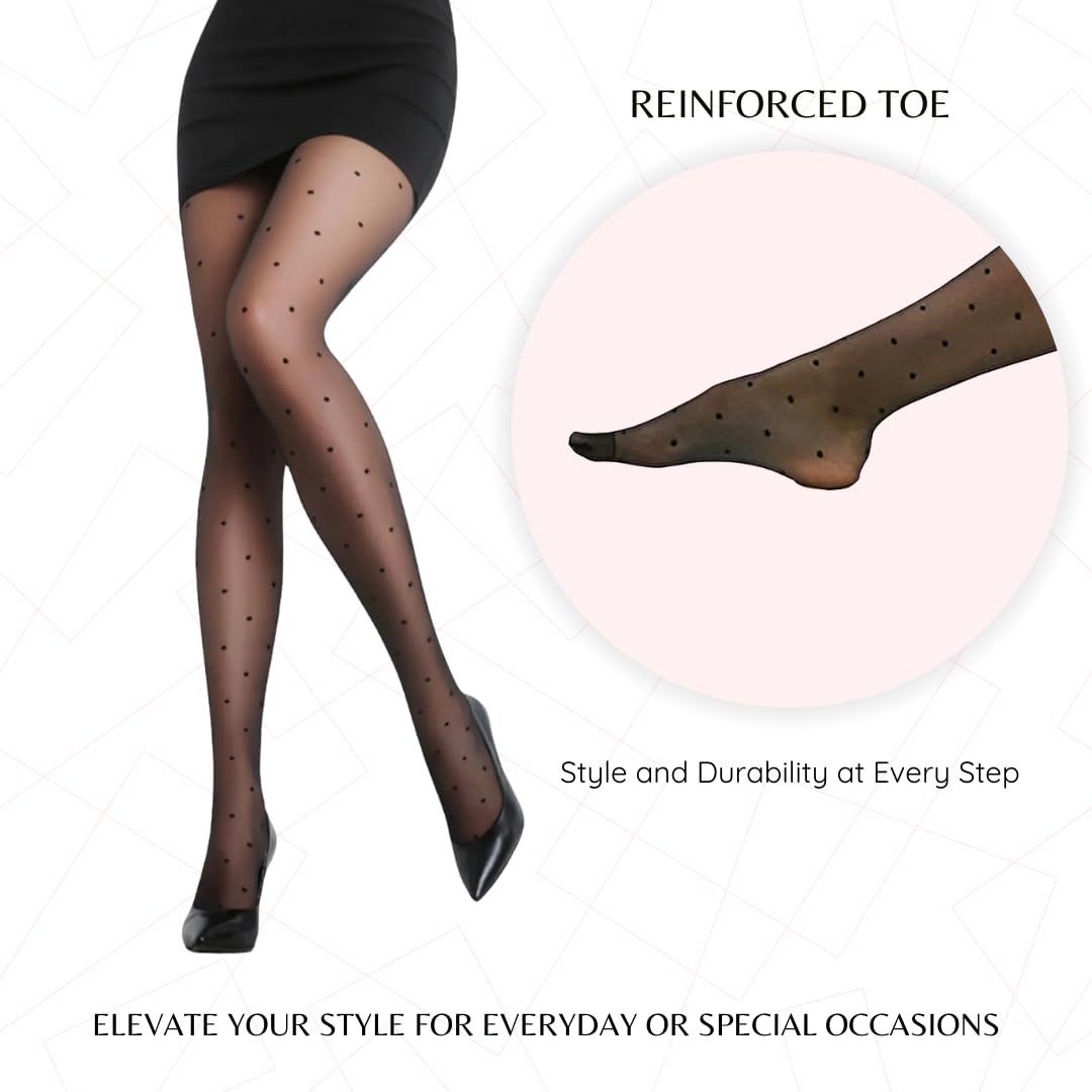 PENTI Women's Polka Dot Patterned Sheer Black High Waist Pantyhose|15D Ultra Thin with Small Dots Design | Oeko-Tex Certified