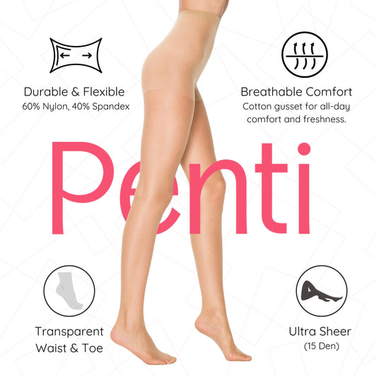 PENTI Stop 15 Run-Resistant Ultra Sheer Pantyhose | Matte 15 Denier Sheer-to-Waist Tights | Anti-Run Invisible Waist