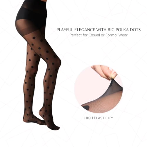PENTI Big Polka Dot Tights for Women | Black Pattern Pantyhose 30 Denier Sheer High Waist Swiss Dot Pantyhose