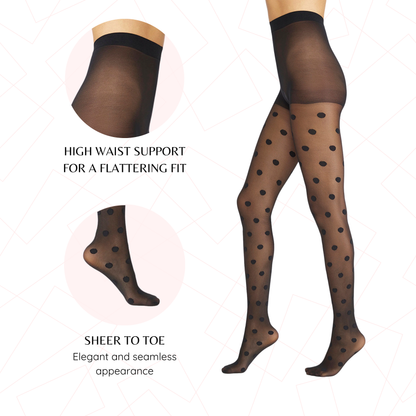 PENTI Big Polka Dot Tights for Women | Black Pattern Pantyhose 30 Denier Sheer High Waist Swiss Dot Pantyhose