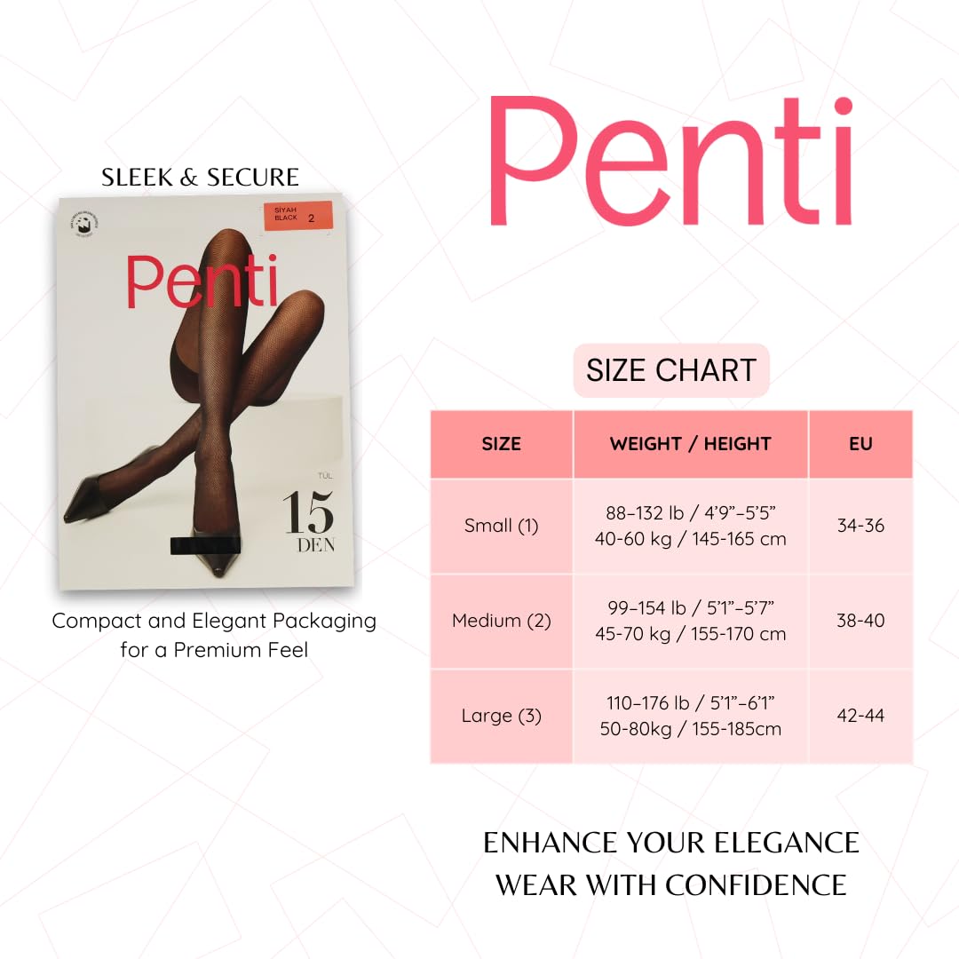 PENTI Tulle Women's Pantyhose | 15 Den Fine Mesh Sheer Tights with Fishnet Style | Comfort & Durable, Black