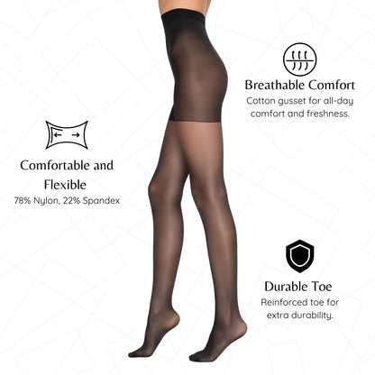 3 Pairs 20 Den Shaper Control Top Pantyhose | High-Waisted Shapewear Tights | Oeko-Tex Certified