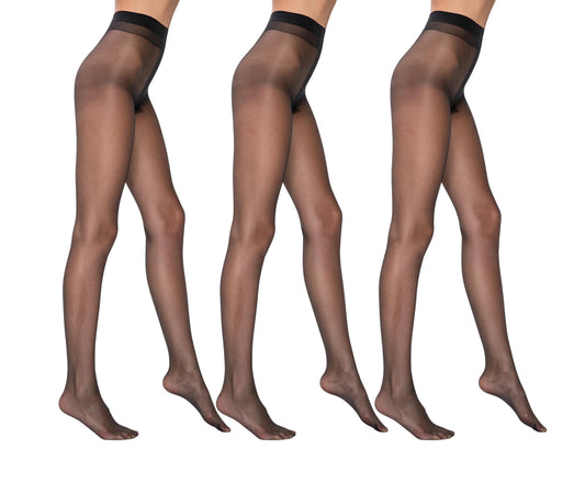 Three pairs of sheer black stockings worn by models on a white background