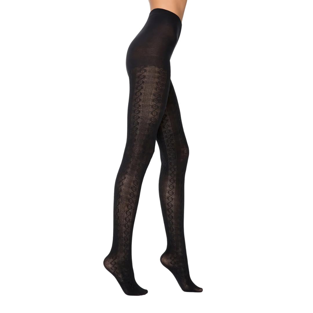 PENTI Karina Women's Knit Patterned Winter Tights | Warm Sweater Tights Cotton-Blend 180 Den | Black, Vanilla, Gray