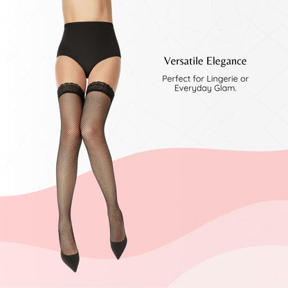 PENTI Fishnet Thigh High Stockings | Black Lace Top Silicone Stay-Up Hosiery | Sexy Fishnet Stockings for Women Lingerie