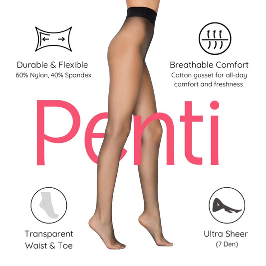 PENTI Stop 7 Run-Resistant Ultra Sheer Pantyhose | Matte 7 Denier Sheer-to-Waist Tights | Anti-Run Invisible Waist