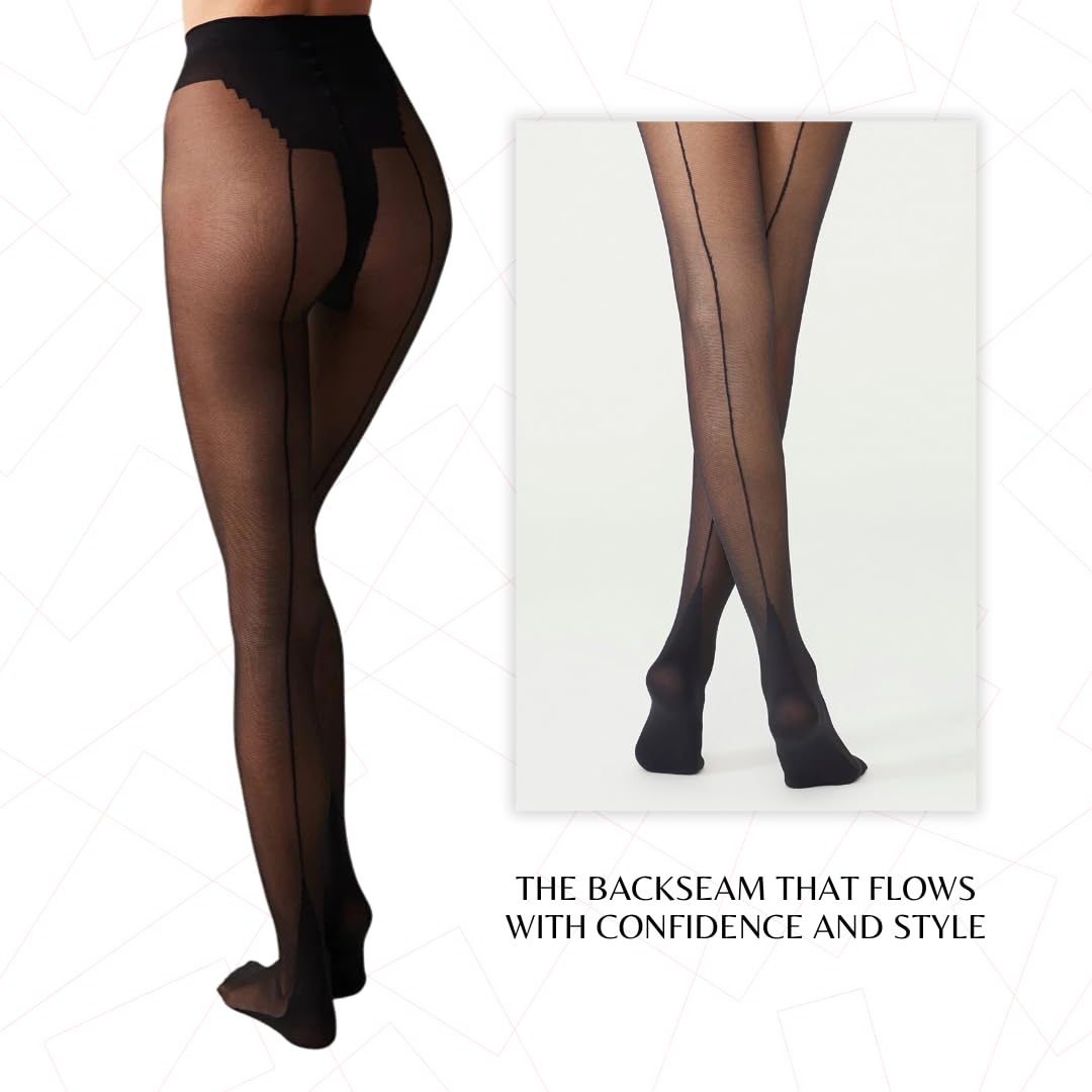 PENTI Black Nostalgia Back Seam Pantyhose | Women's 20 Denier Sheer Tights | Backseam Legwear | Reinforced Toe Hosiery