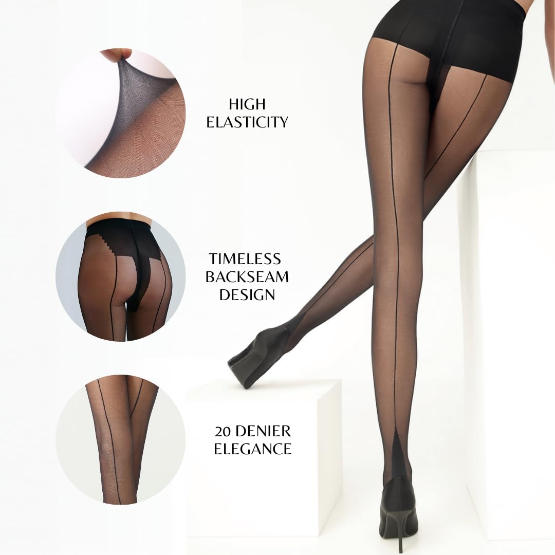 PENTI Black Nostalgia Back Seam Pantyhose | Women's 20 Denier Sheer Tights | Backseam Legwear | Reinforced Toe Hosiery