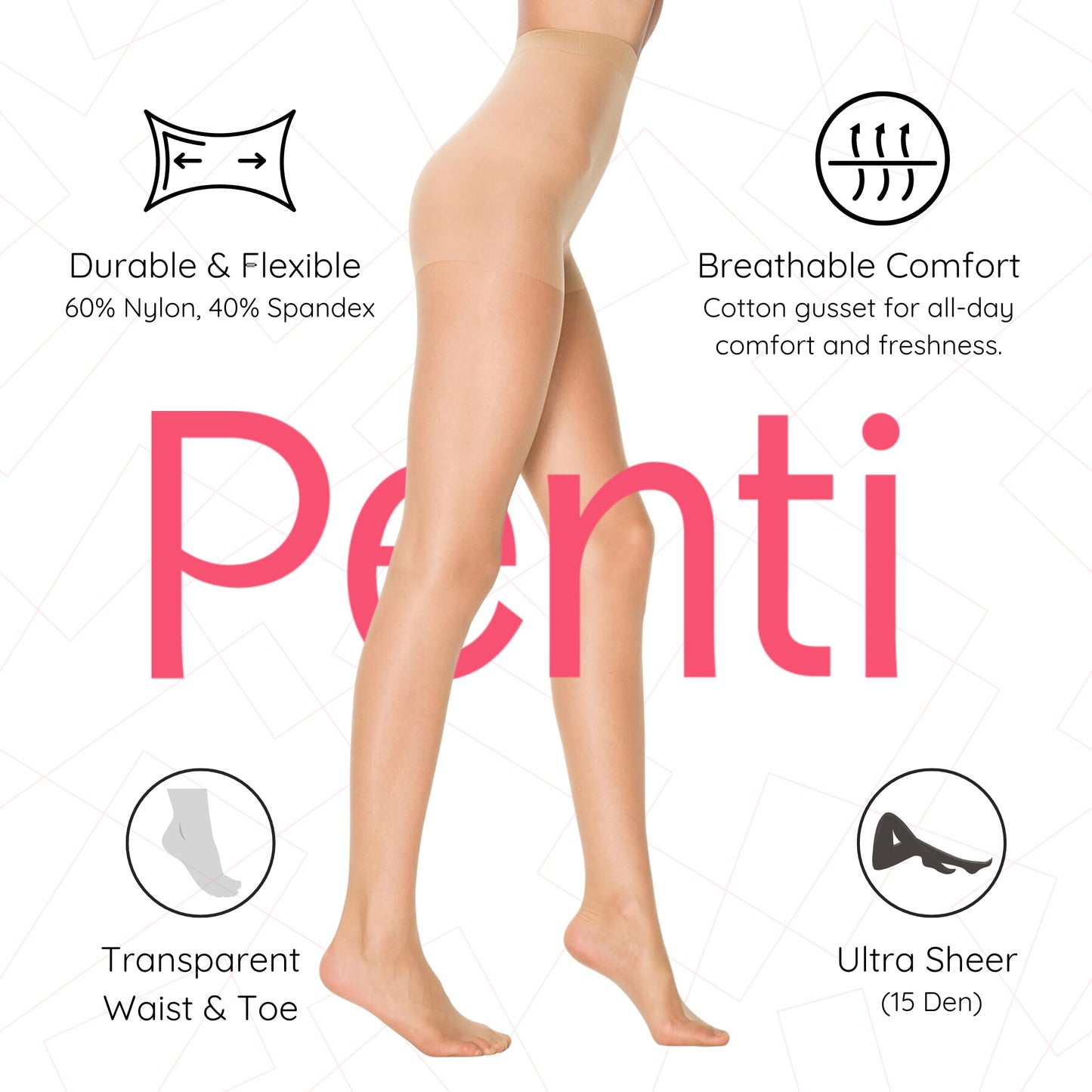 PENTI Stop 15 Run-Resistant Ultra Sheer Pantyhose | Matte 15 Denier Sheer-to-Waist Tights | Anti-Run Invisible Waist