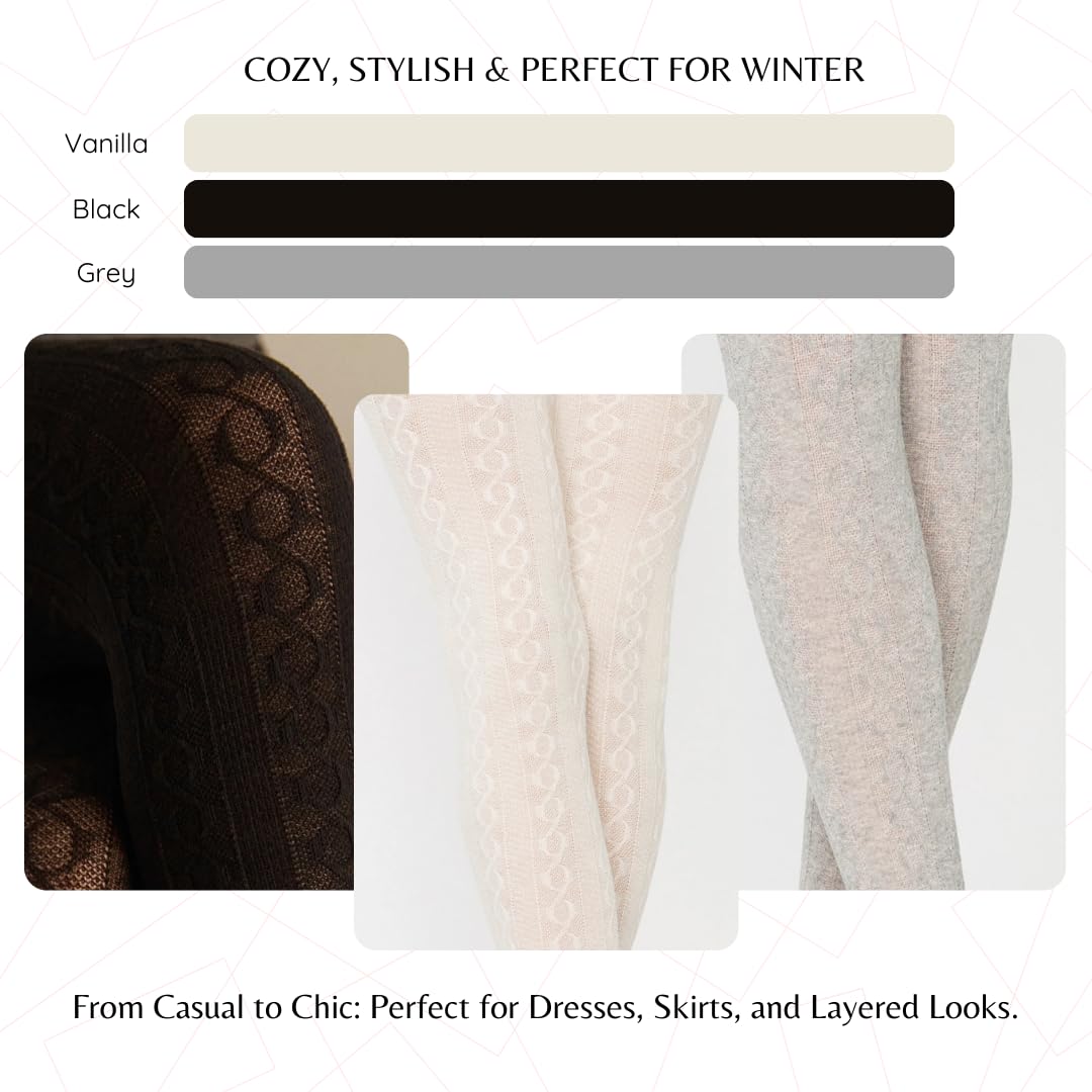 PENTI Karina Women's Knit Patterned Winter Tights | Warm Sweater Tights Cotton-Blend 180 Den | Black, Vanilla, Gray