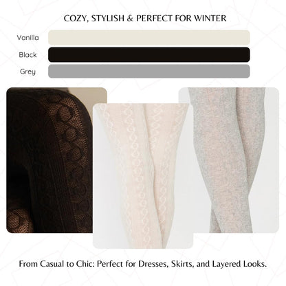 PENTI Karina Women's Knit Patterned Winter Tights | Warm Sweater Tights Cotton-Blend 180 Den | Black, Vanilla, Gray