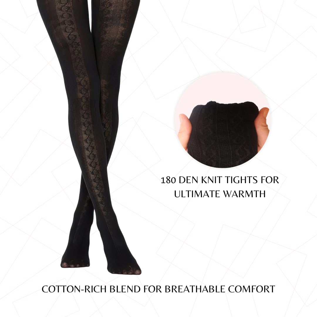 PENTI Karina Women's Knit Patterned Winter Tights | Warm Sweater Tights Cotton-Blend 180 Den | Black, Vanilla, Gray