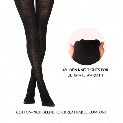 PENTI Karina Women's Knit Patterned Winter Tights | Warm Sweater Tights Cotton-Blend 180 Den | Black, Vanilla, Gray