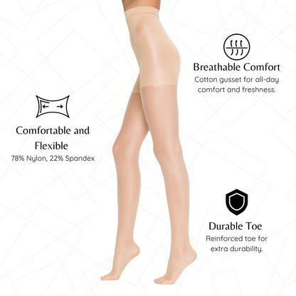 3 Pairs 20 Den Shaper Control Top Pantyhose | High-Waisted Shapewear Tights | Oeko-Tex Certified